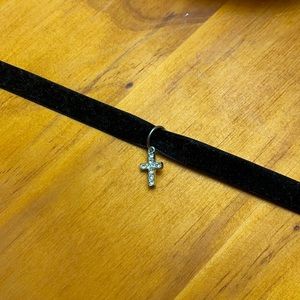 Black Velvet Choker w Silver Cross Charm